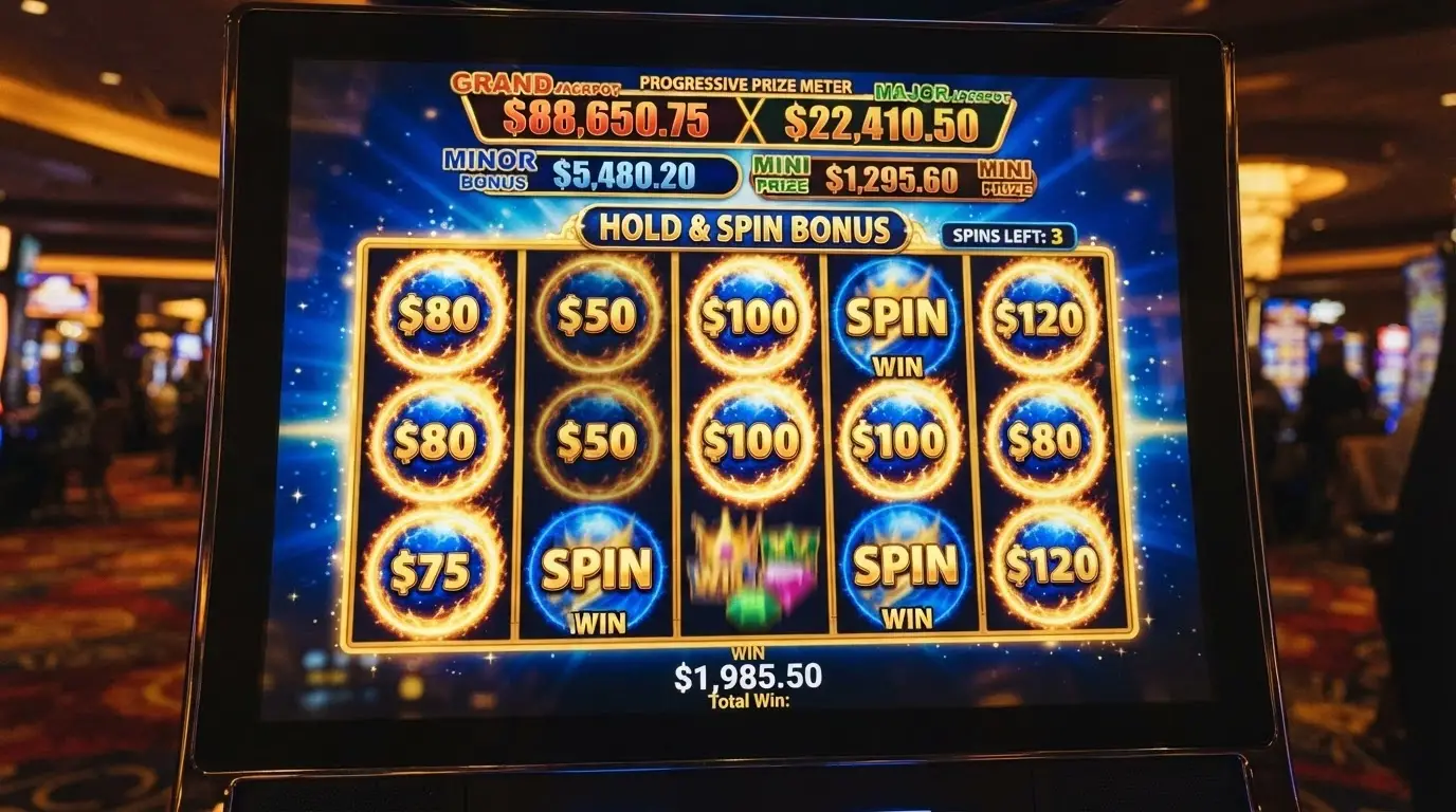 A vibrant pokies screen showing a Hold & Spin bonus round with lightning-shaped symbols and a progressive jackpot meter displaying five-figure amounts