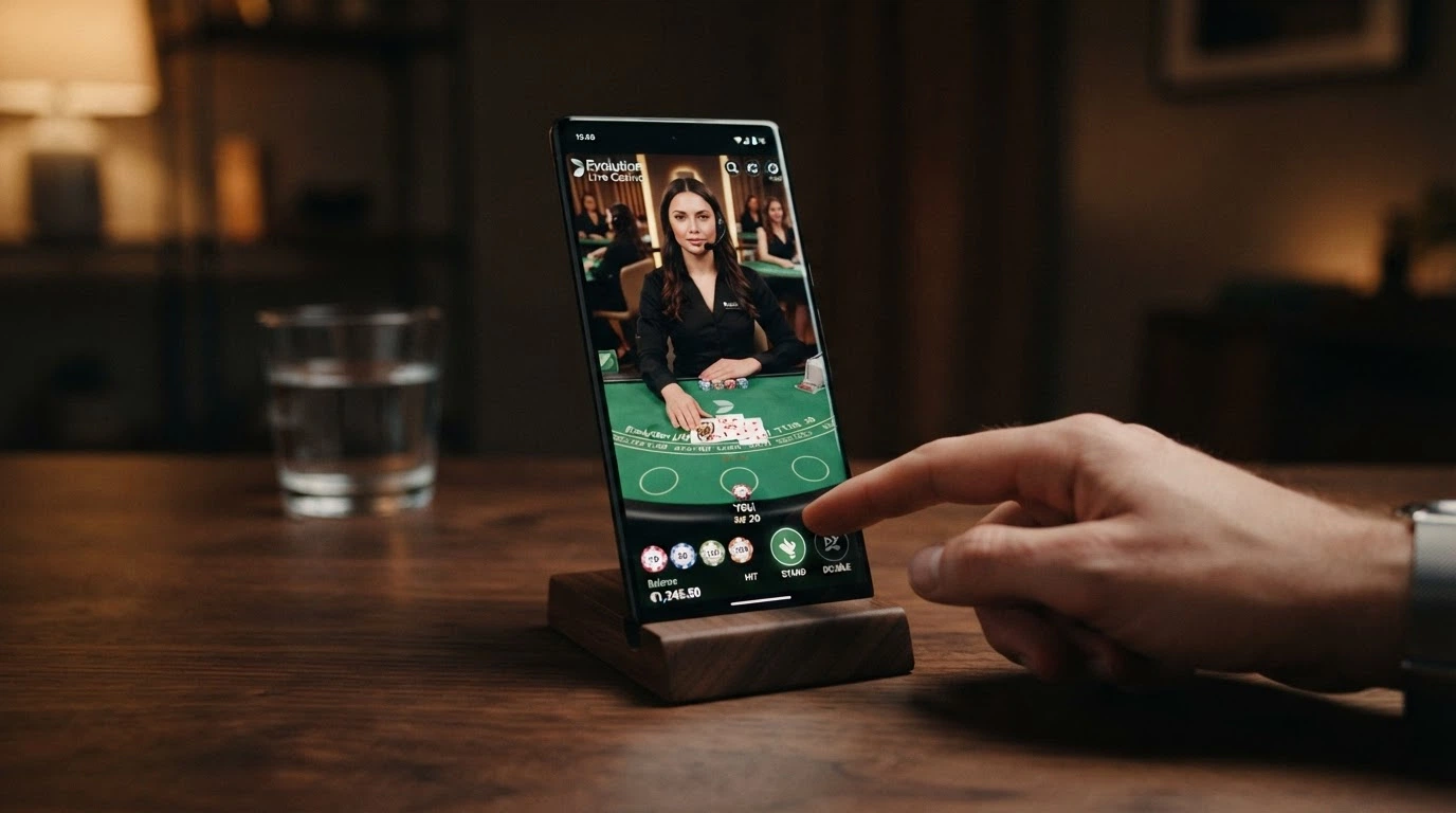 An Android phone showing a live blackjack table with a real dealer visible on video stream, cards on the felt and betting options on the touchscreen overlay