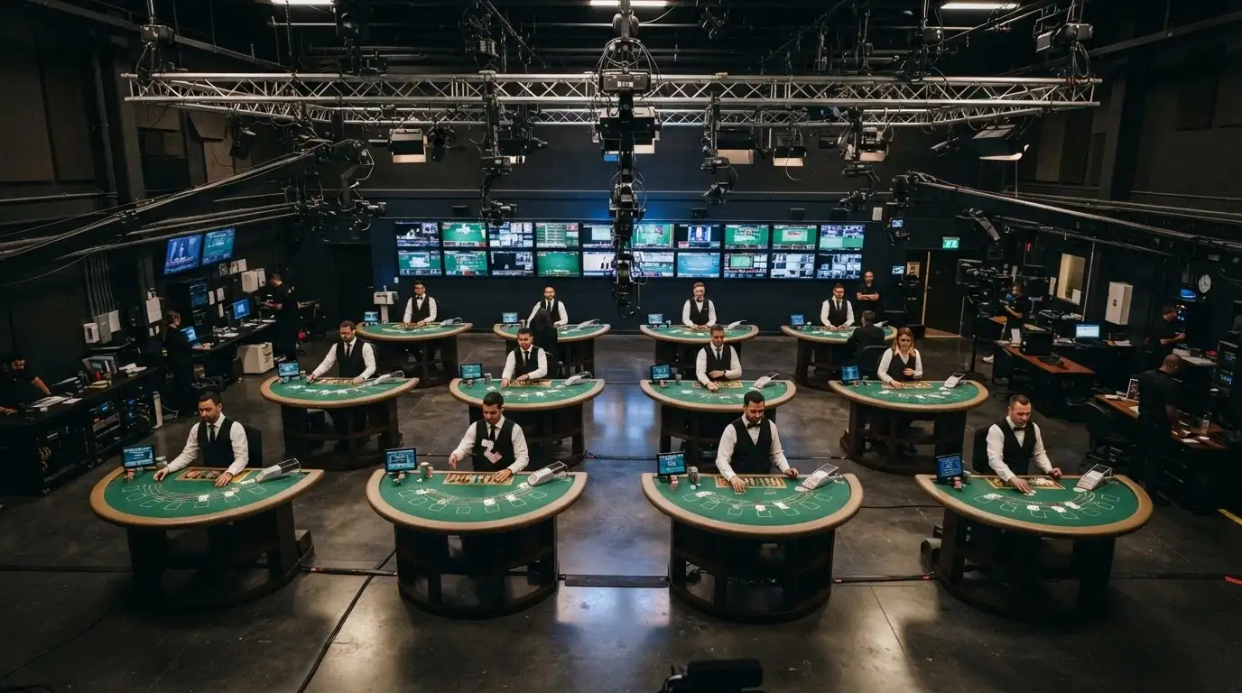 A wide shot of a live casino studio floor showing multiple gaming tables with real dealers in formal attire, camera rigs, production lighting and monitor banks.
