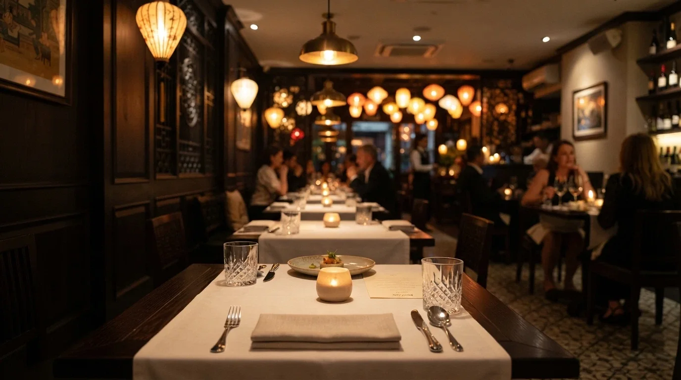 Interior of Madame Hanoi restaurant at SkyCity Adelaide showing French-Vietnamese décor and table settings