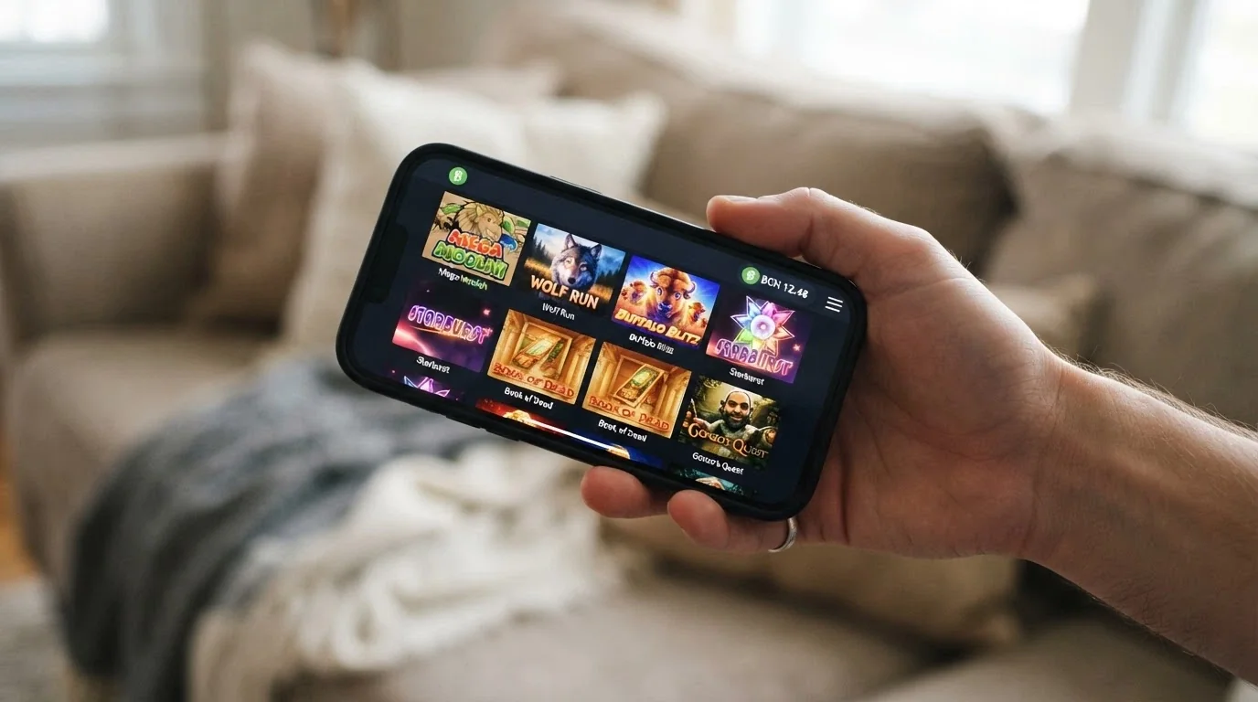 A hand holding a smartphone in landscape mode displaying a BCH casino game lobby with pokie thumbnails and a BCH balance in the top-right corner