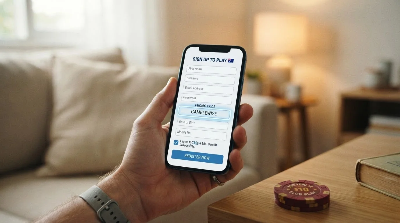 A mobile phone held in one hand showing a casino registration form with a free-spins promo field highlighted