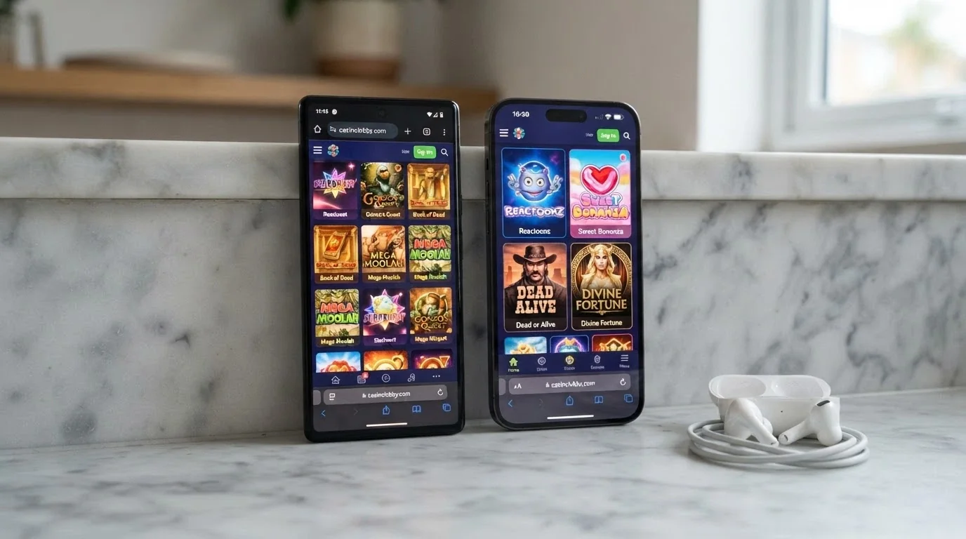 A split-screen showing a casino app running in a mobile browser on an Android phone and an iPhone side by side