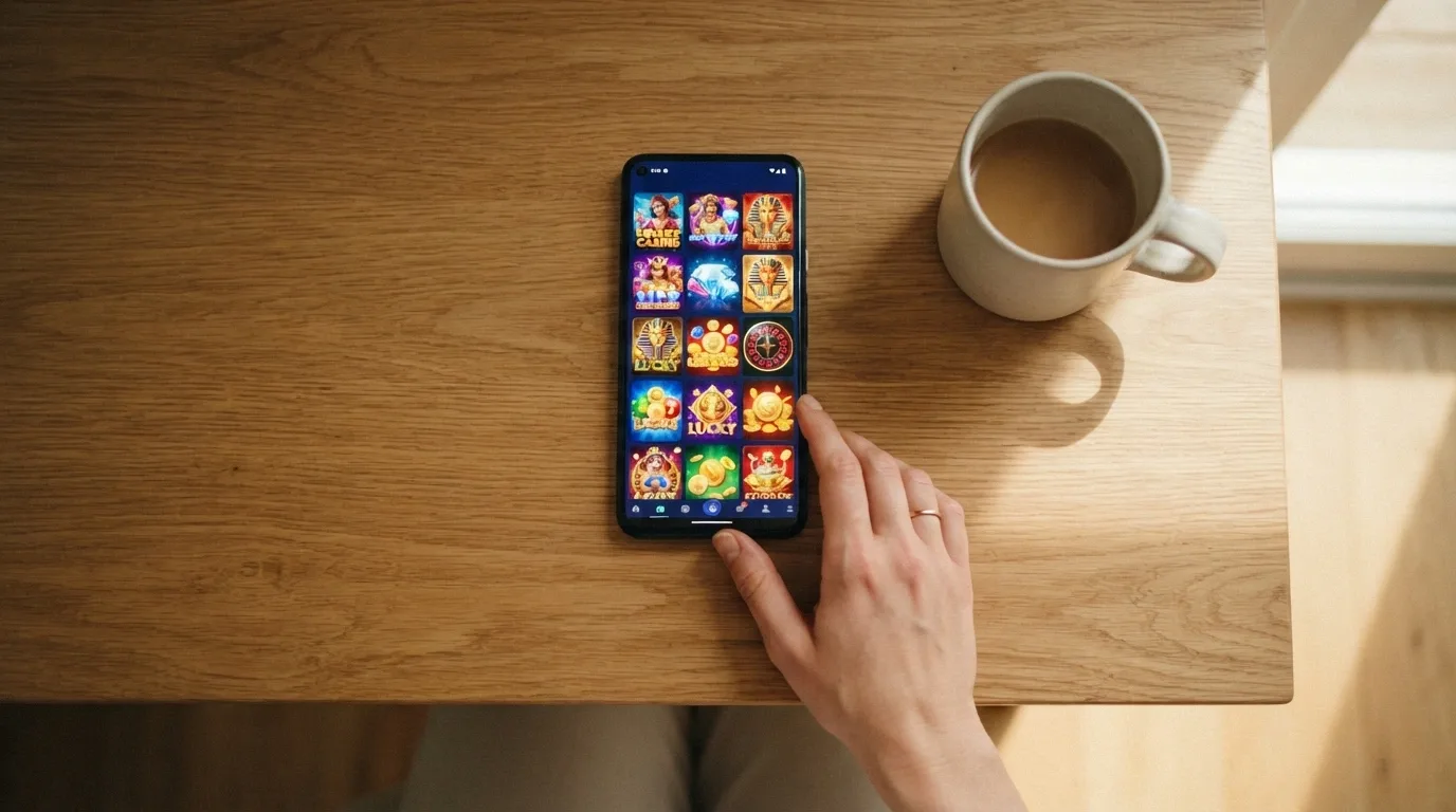 A smartphone held in one hand displaying a casino game in a mobile browser, with the operator's full game lobby visible in the background