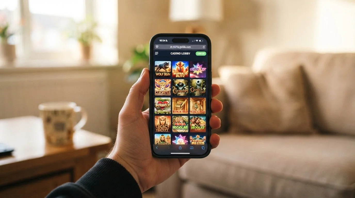 A hand holding a smartphone displaying a mobile-browser casino lobby with pokie thumbnails, no app-store icon visible