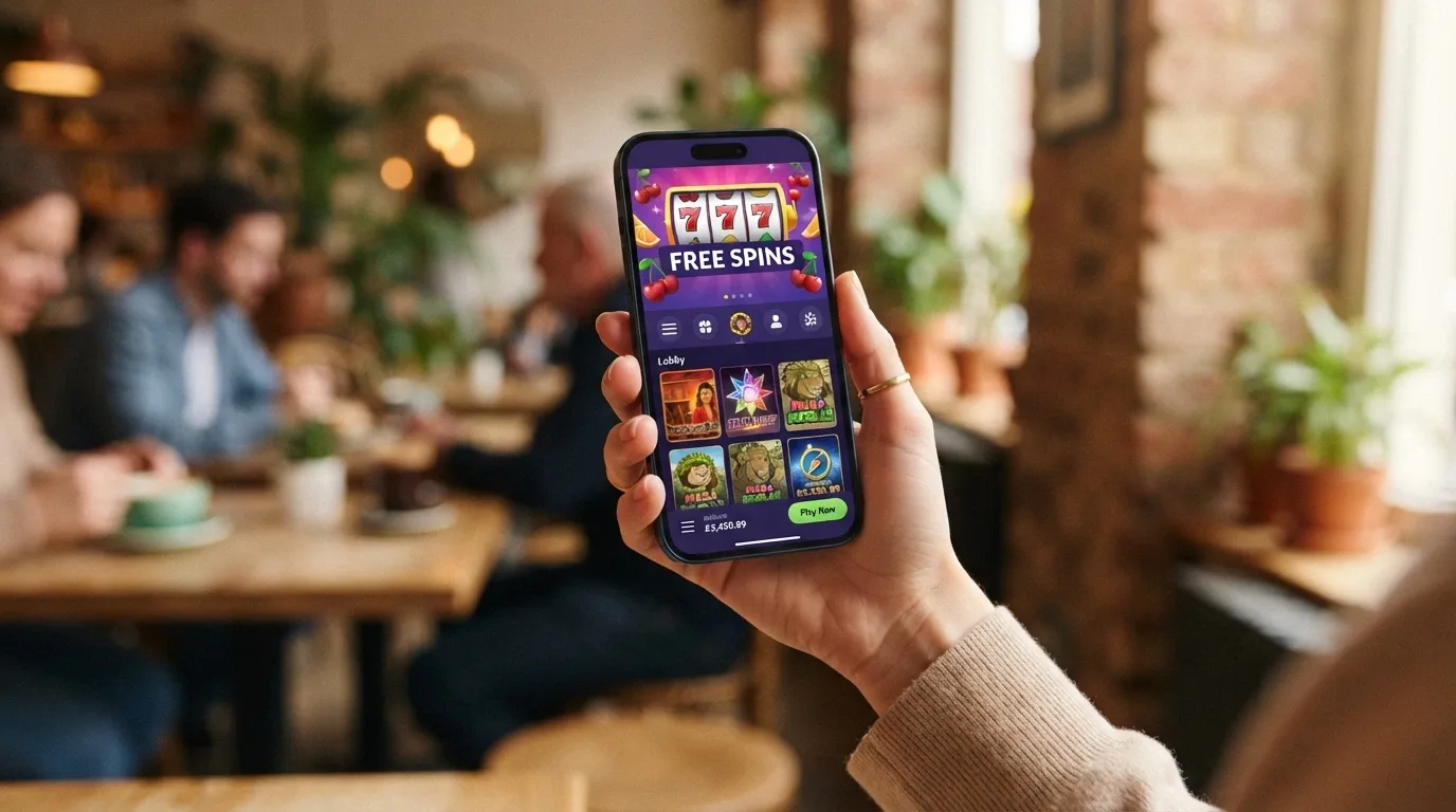 A hand holding a phone with a casino lobby screen open, free-spins banner visible at the top