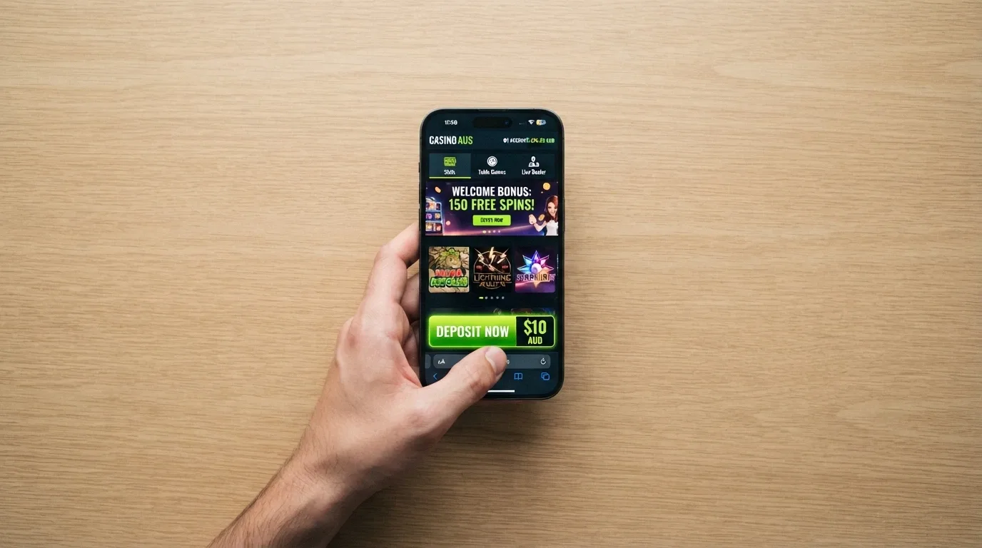 A hand holding a smartphone displaying a casino lobby screen with a deposit button and a $10 amount highlighted