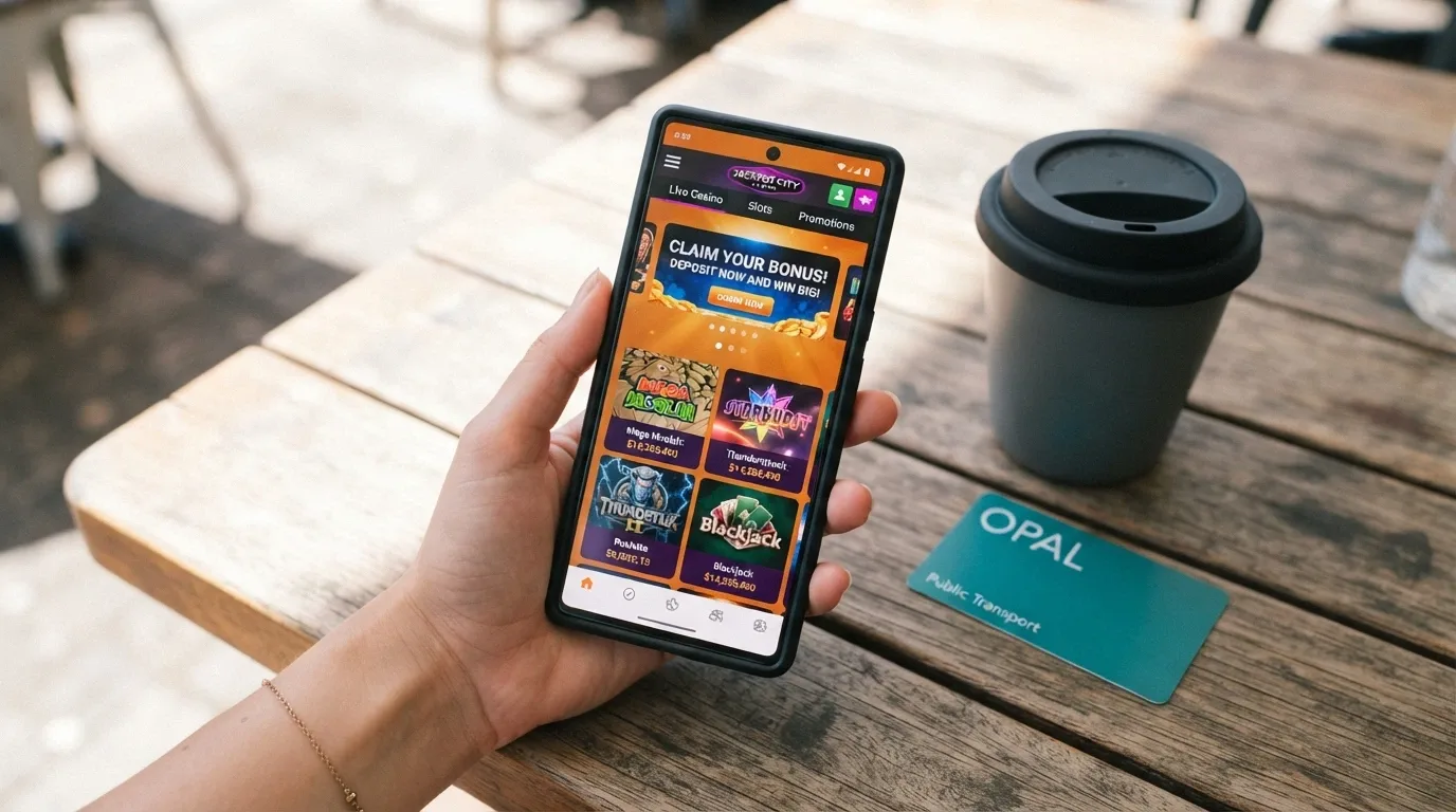 A hand holding a smartphone with a casino lobby on screen, outdoors in Australian sunlight, a transport card and a coffee cup in the background