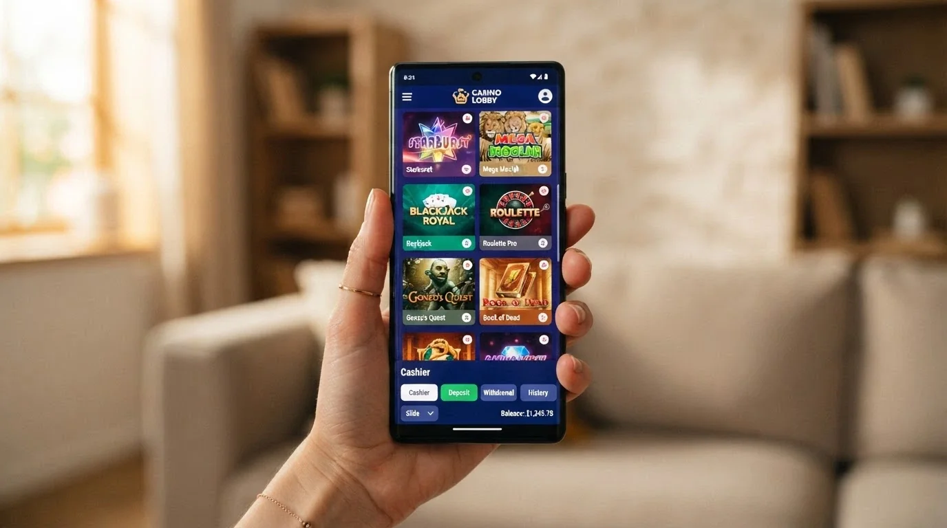 A hand holding a smartphone in portrait orientation with a casino game lobby visible on screen, the phone's edge catching light against a blurred lounge-room background