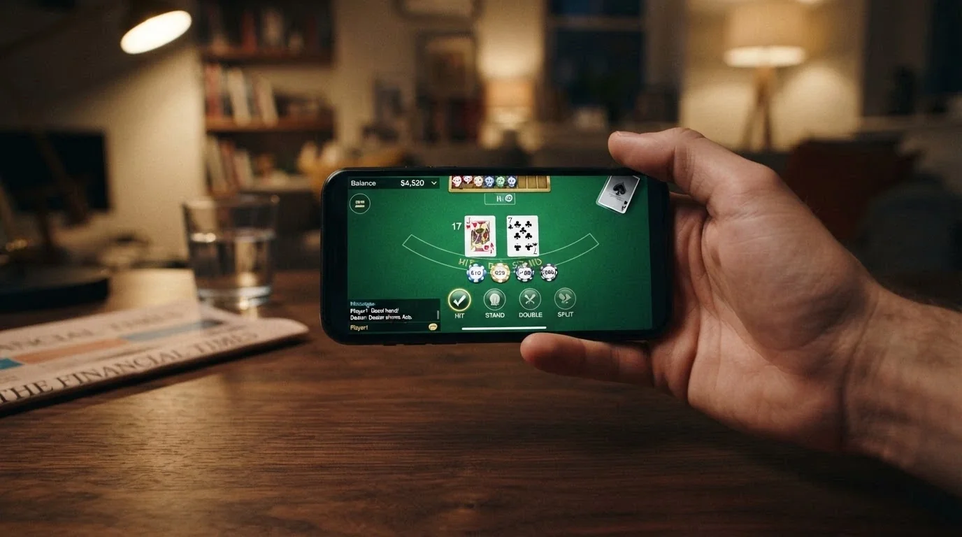 A smartphone held in landscape orientation displaying a live blackjack table with the betting interface, chat window and game controls visible on screen.