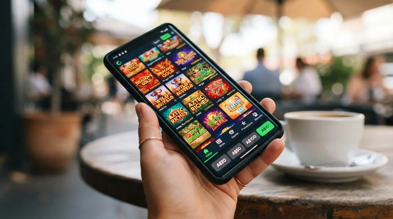 A hand holding a smartphone in landscape orientation showing a pokies game lobby with deposit-amount buttons, including a highlighted A$10 option