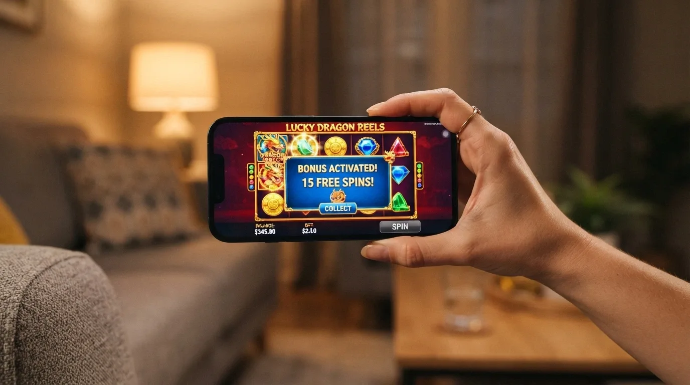 A hand holding a smartphone in landscape orientation with a pokies game visible on screen and a bonus-activation prompt overlaying the reels