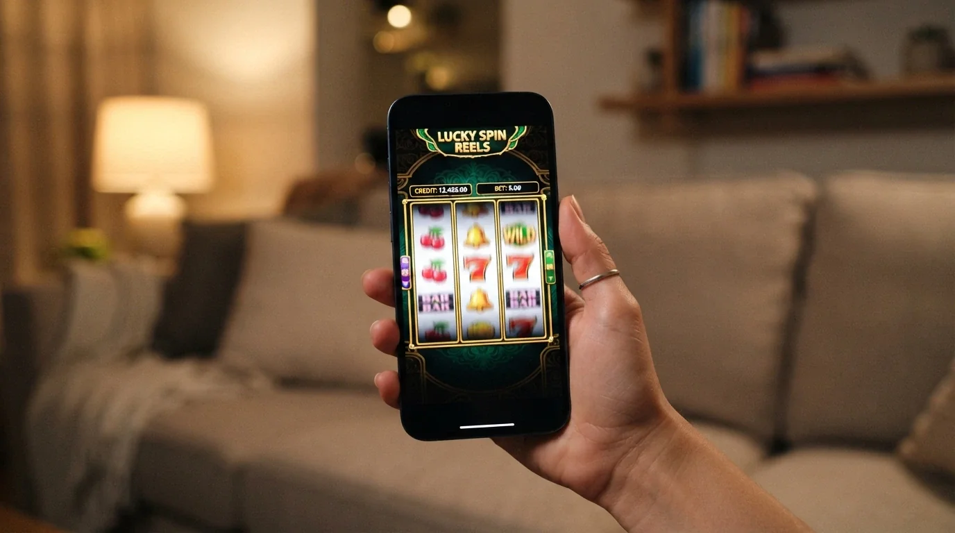 A hand holding a phone in portrait mode with a casino pokie spinning full-screen in a mobile browser