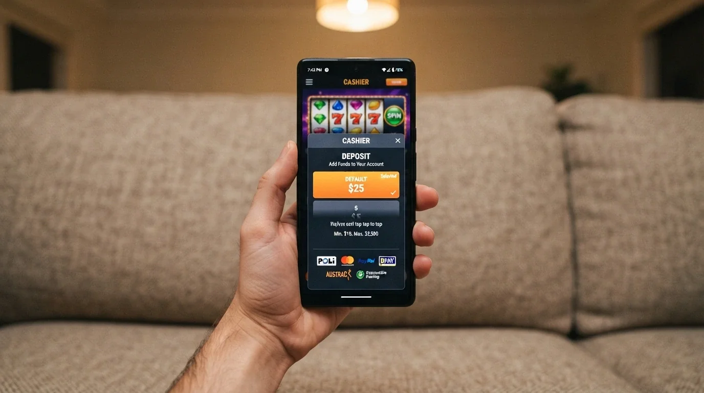 A close-up of a smartphone held in one hand showing a mobile casino pokies game with the cashier overlay open and a small AU$5 amount visible as a custom-deposit option beneath preselected higher amounts