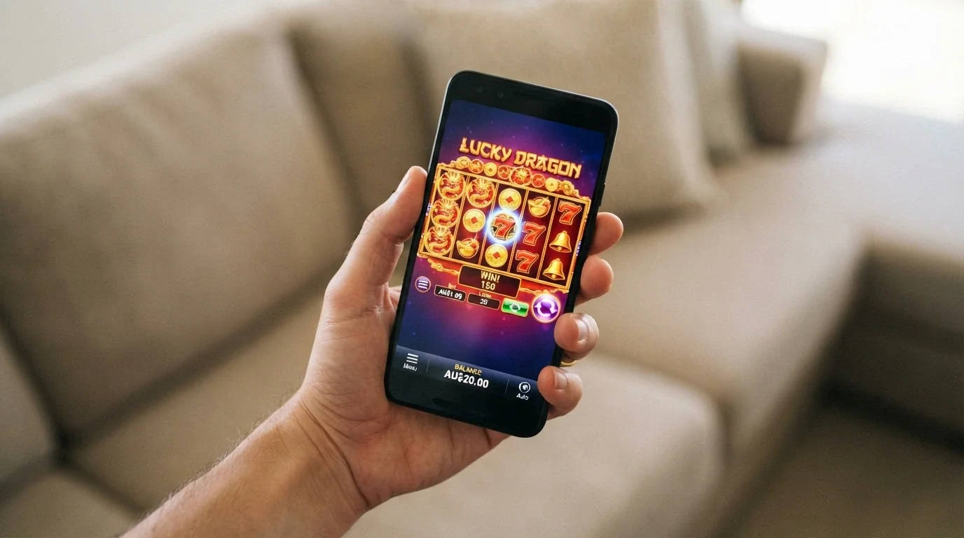 A hand holding a smartphone in portrait mode, an online pokies game visible on screen with a sticky balance bar showing AU$20.00