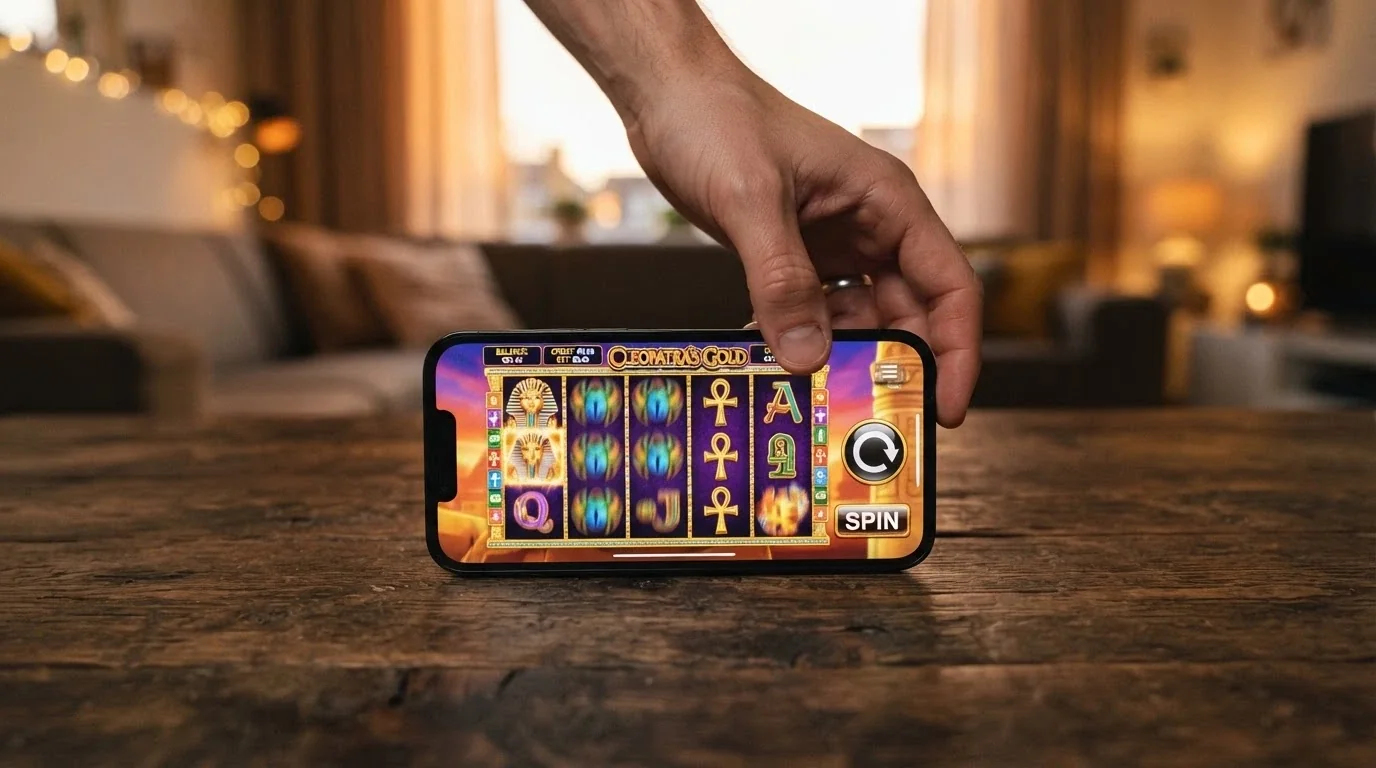A smartphone held in one hand showing an online pokies game with a low balance visible
