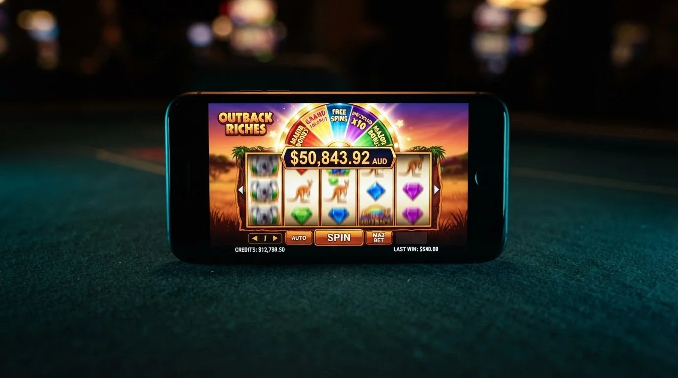 Mobile pokies screen showing a progressive jackpot counter ticking upward past A$50,000