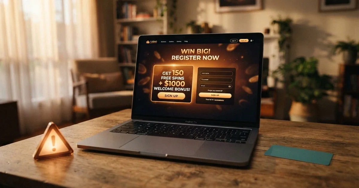 A computer screen showing an online casino registration form with a no-deposit bonus offer highlighted, beside an Australian driver licence and a warning-icon overlay