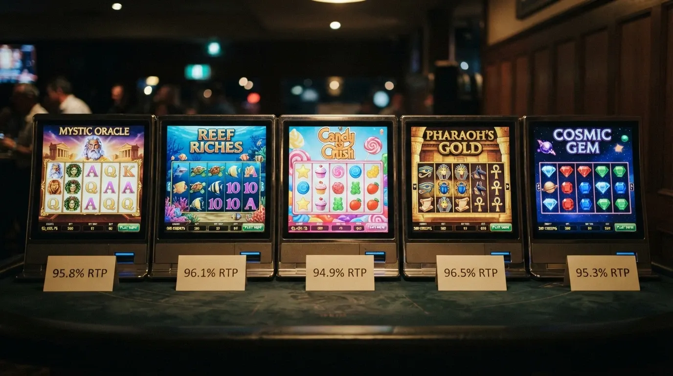 A row of five popular pokie-title cards — Gates of Olympus, Big Bass Bonanza, Sweet Bonanza, Book of Dead, Starburst — with RTP percentages beneath each one