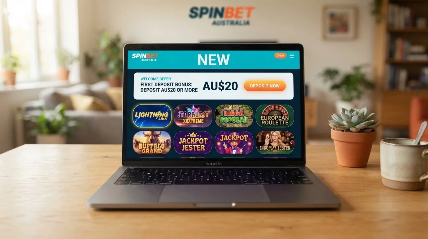A fresh, modern casino lobby design with a “New” banner and a AU$20 first-deposit offer highlighted on the welcome screen