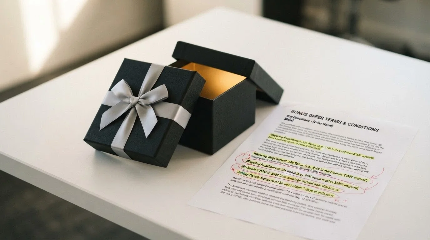 A freshly unwrapped casino-branded gift box beside a terms-and-conditions document with key clauses highlighted