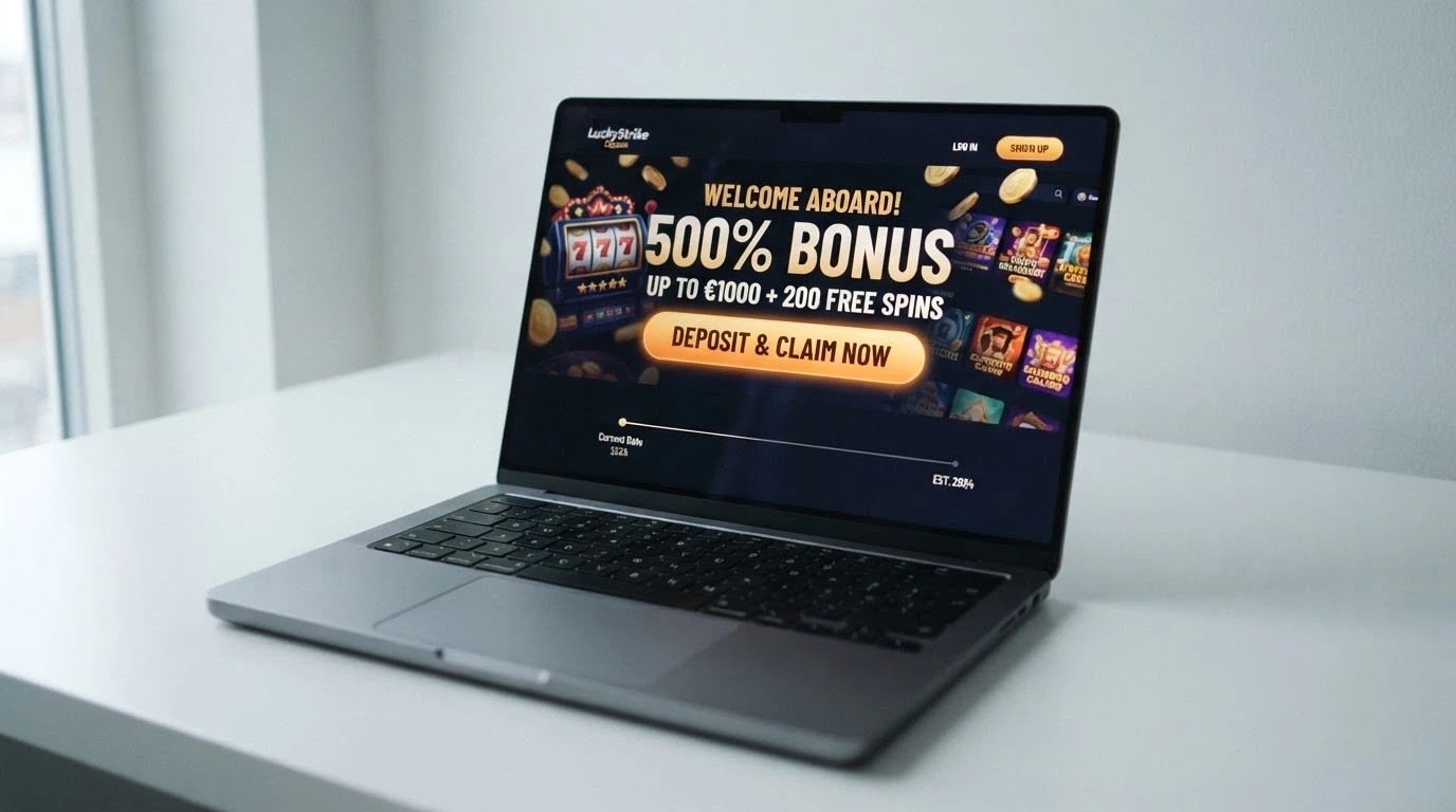 A fresh casino landing page with a large welcome-bonus banner, overlaid with a track-record timeline showing zero withdrawal history