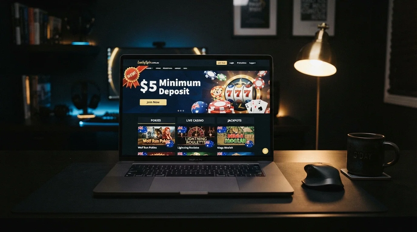 A freshly designed online casino homepage with a prominent “$5 Minimum Deposit” badge and a “New” banner, set against a dark gaming-themed background
