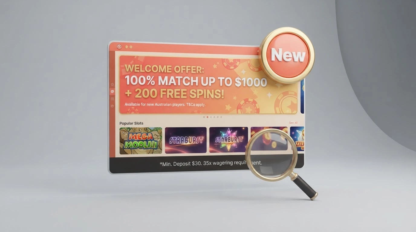 A stylised “new” badge on a casino site interface showing a welcome-offer banner, with a small magnifying-glass overlay highlighting the minimum-deposit figure in the terms footer