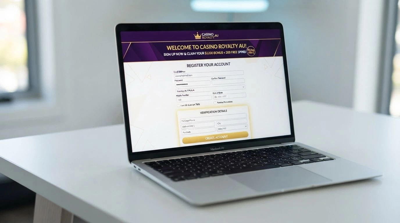 A sign-up form on a modern casino site with a prominent welcome-bonus banner and a licence-number field highlighted