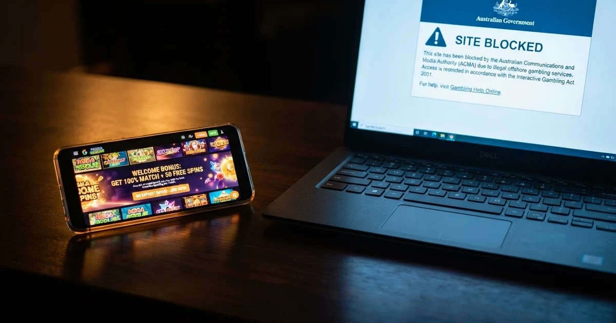 A split composition — one side shows a smartphone screen displaying a new casino lobby with a “no deposit bonus” banner, the other side shows an ACMA blocking notice on a laptop screen, both lit against a dark background