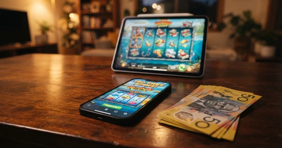 A smartphone screen showing a casino no-deposit free spins pop-up beside a stack of Australian currency and a pokie reel graphic
