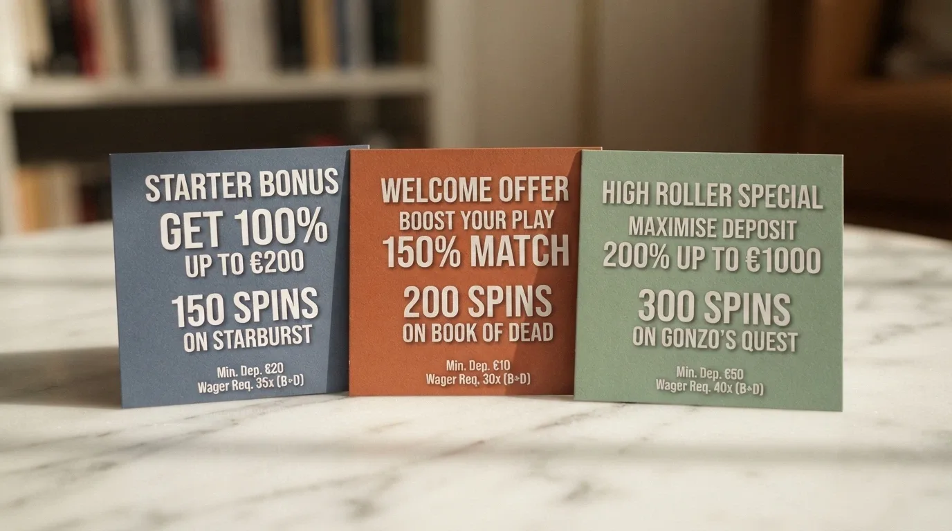 A side-by-side comparison view of multiple offshore casino bonus offer cards with different amounts, spin counts and wagering figures