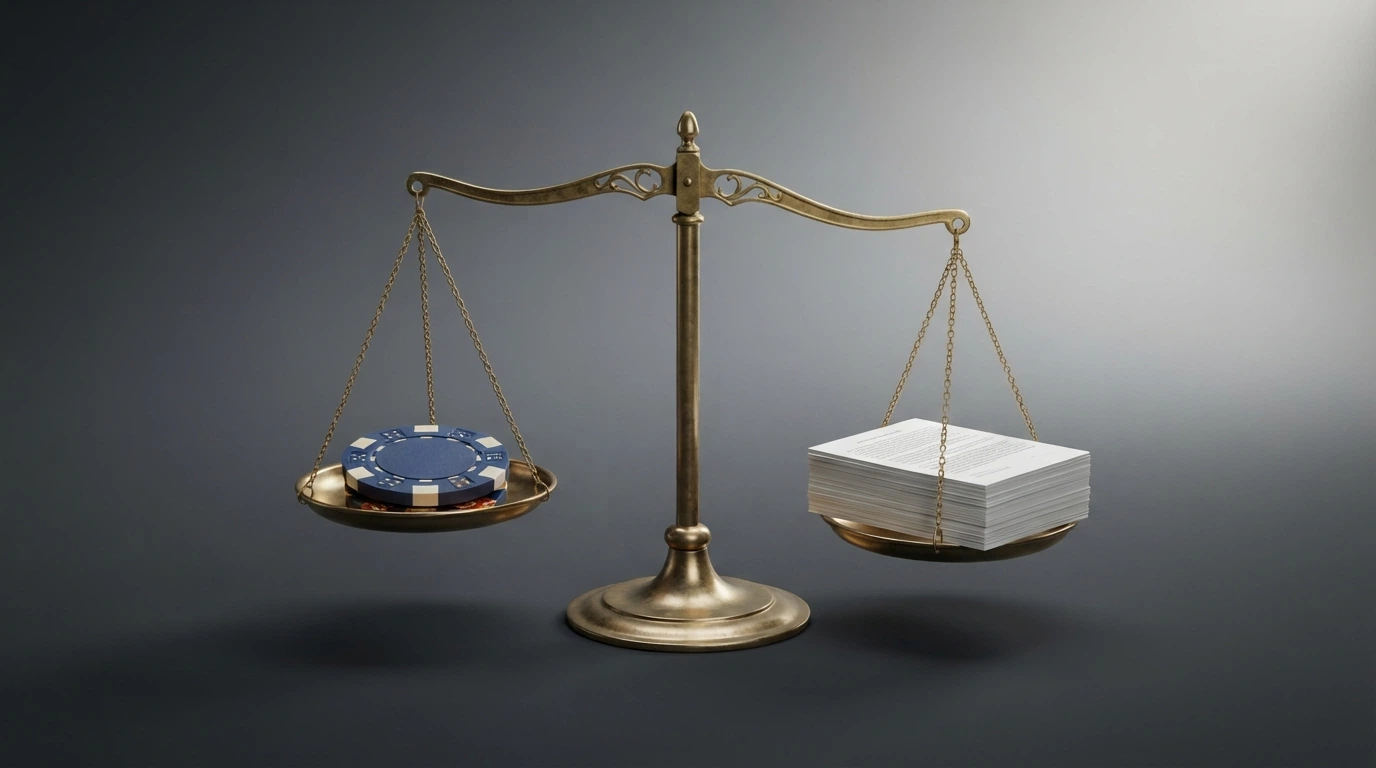 A balanced-scale visual with a $10 chip on one side and a stack of terms (wagering, cashout cap, licence risk) on the other