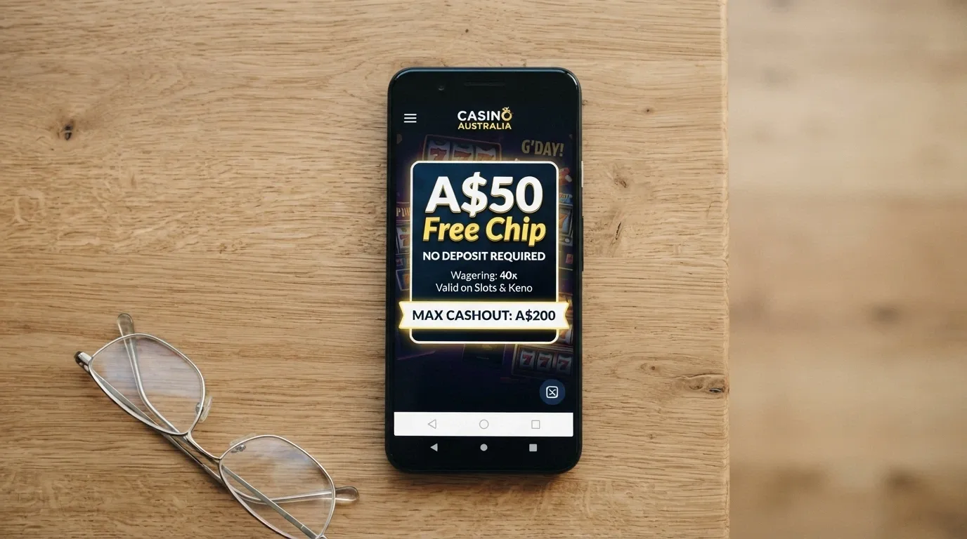 A no-deposit bonus popup with the headline “A$50 Free Chip” and the wagering requirement and A$200 max-cashout cap called out below