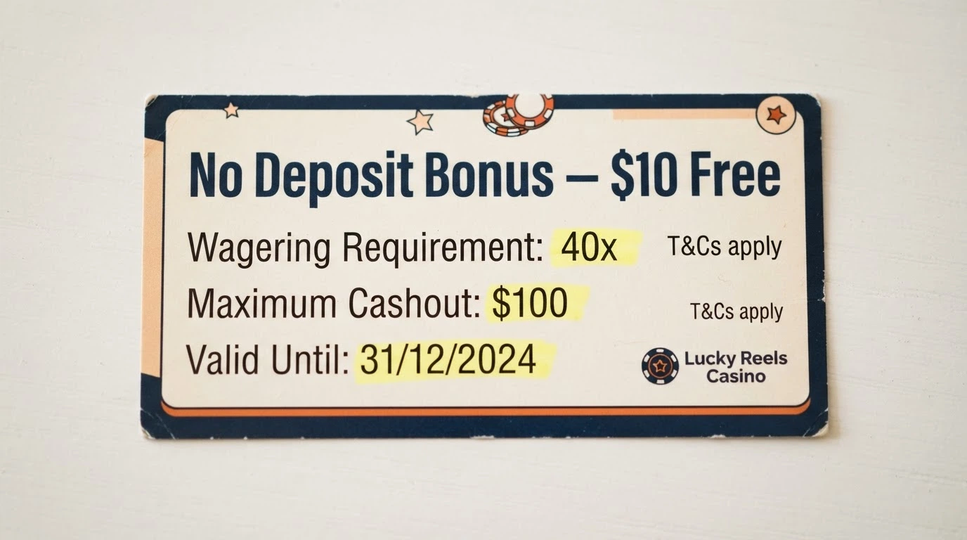 A close-up of a casino promotion card showing “No Deposit Bonus — $10 Free” with fine-print terms visible beneath — wagering requirement, max cashout and validity date highlighted