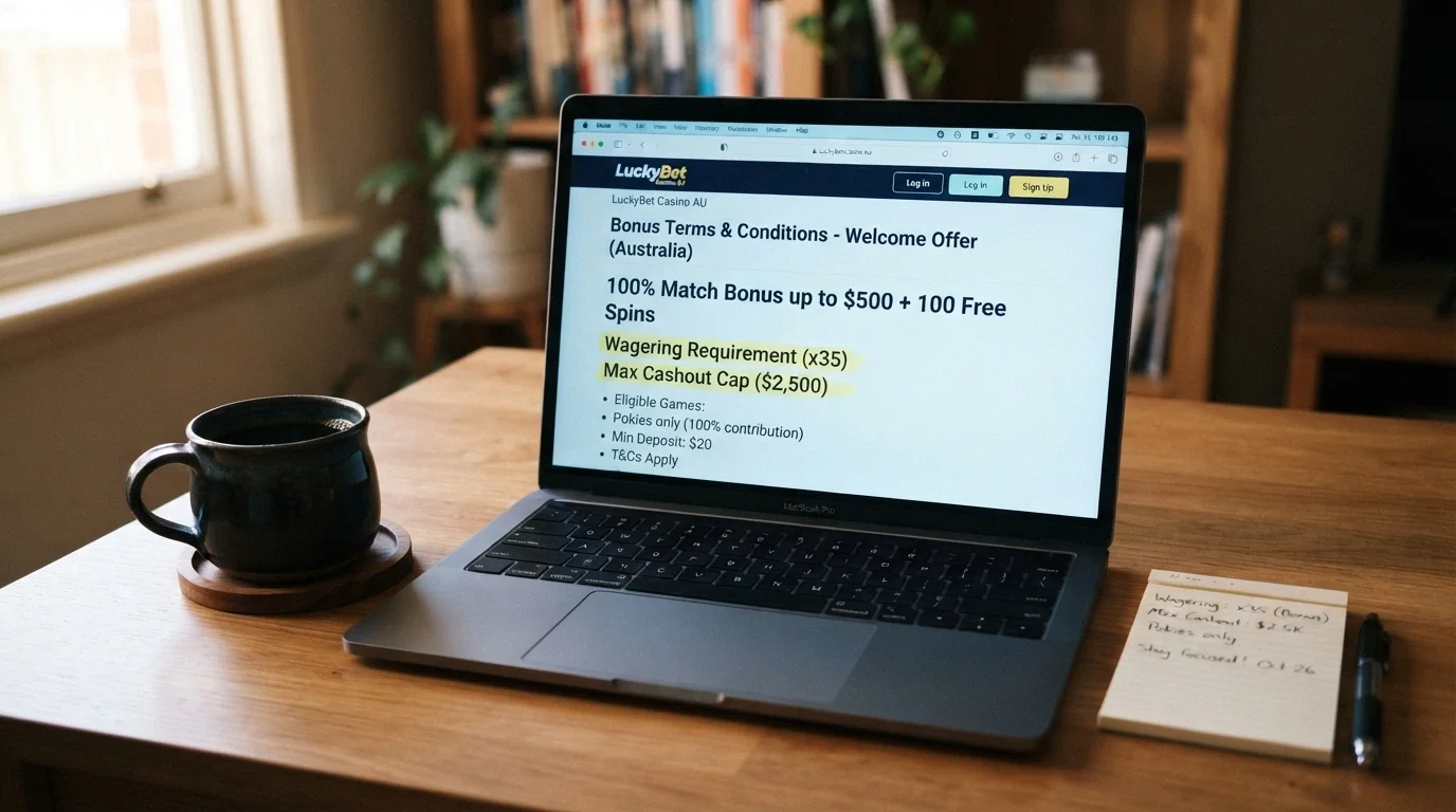 Online casino bonus-terms page showing wagering-requirement and max-cashout figures highlighted