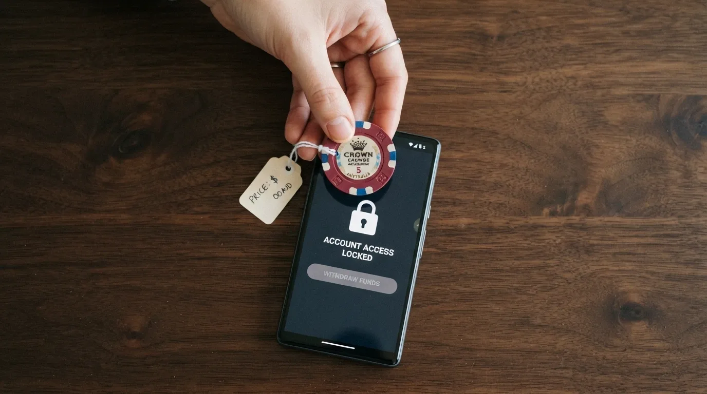A hand holding a single casino chip with a visible price tag showing a small dollar amount, alongside a locked withdrawal button on a screen