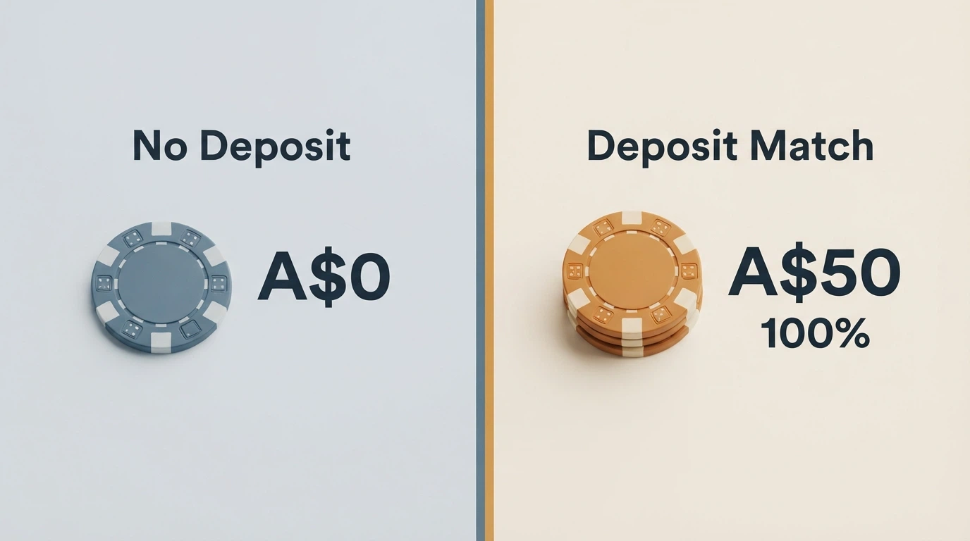 A split comparison graphic: one side labelled no-deposit with a zero-dollar entry arrow, the other labelled deposit-match with a dollar-amount entry arrow and a percentage multiplier