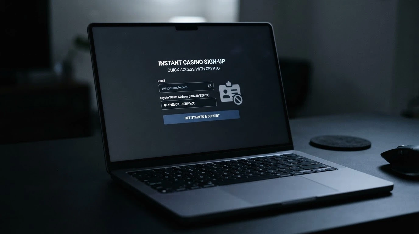 A simplified sign-up form on a dark casino interface showing only an email field and a crypto deposit address, with a crossed-out ID card icon