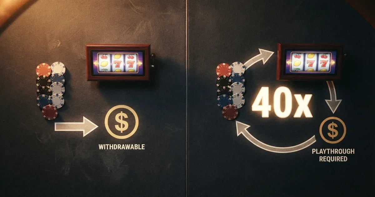 A comparison graphic showing a no-wager bonus (winnings arrow pointing to a cash balance) beside a standard wagering bonus (winnings arrow looping through a 40x multiplier)