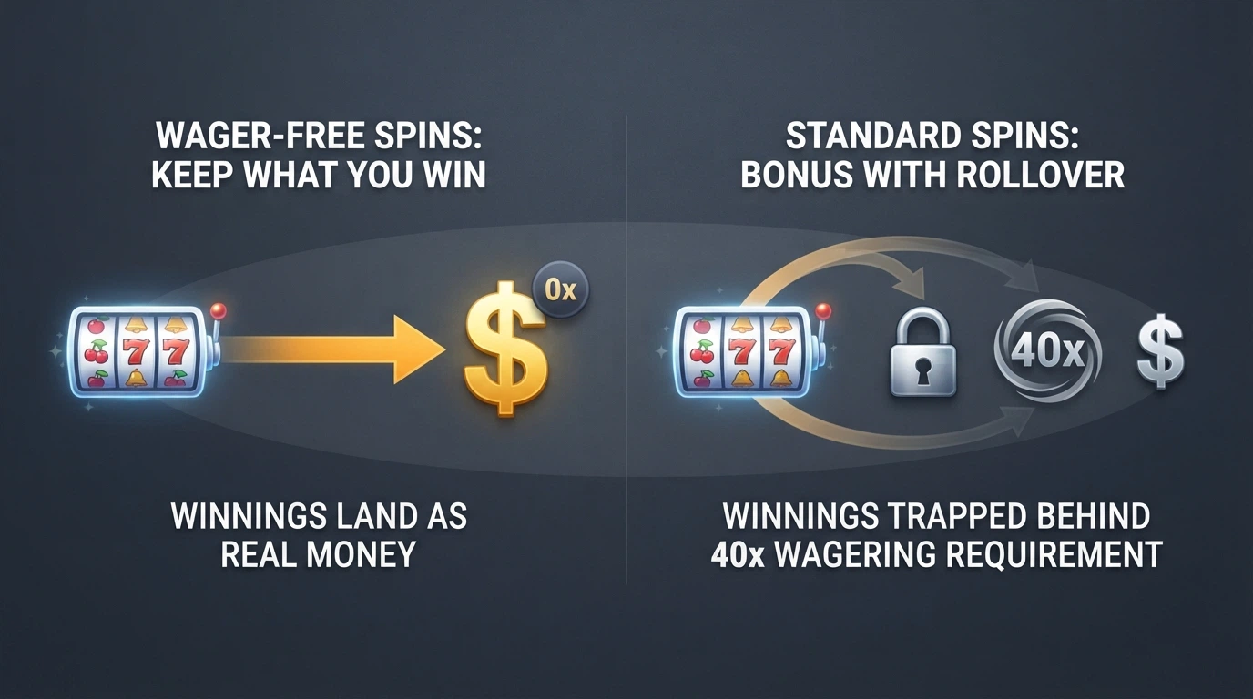 A side-by-side comparison of a no-wager free spin (winnings → cash balance) and a standard free spin (winnings → bonus balance → 40x playthrough → cash)