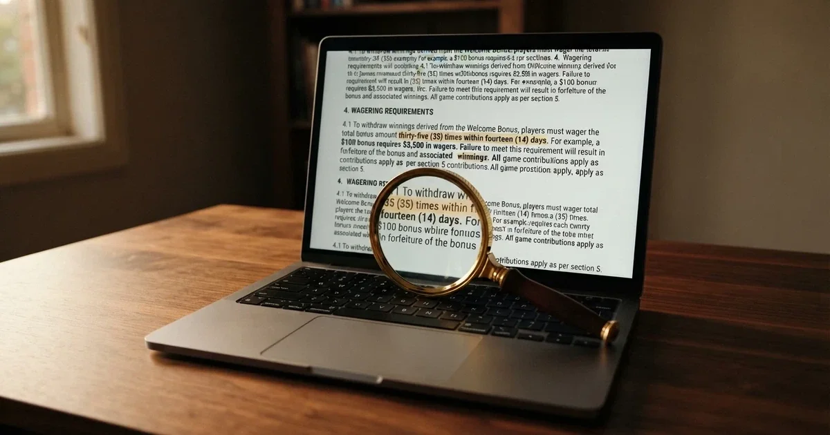 A laptop screen showing an online casino bonus terms page with a magnifying glass over the wagering requirements clause