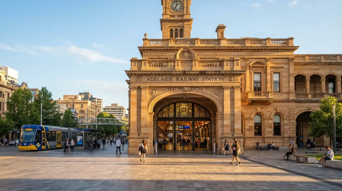 North Terrace entrance of SkyCity Adelaide showing the sandstone heritage façade and Festival Plaza surrounds