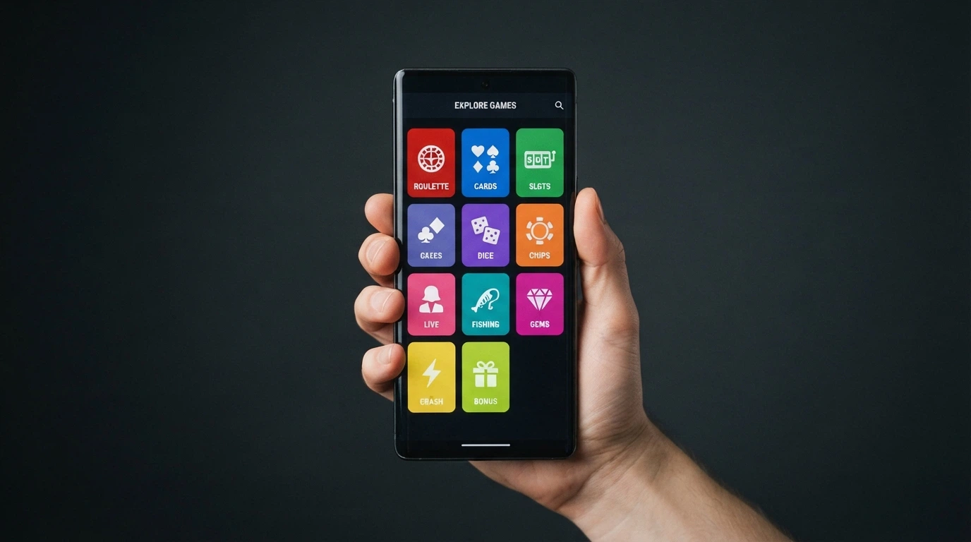 A grid of ten simplified casino brand tiles displayed on an Android phone screen against a dark background