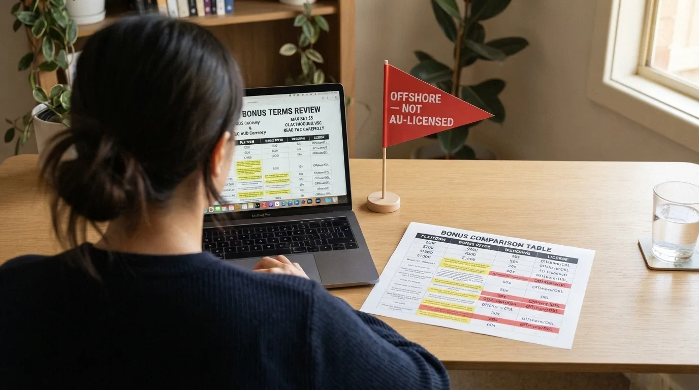 A side-by-side comparison grid of operator bonus terms with a warning banner reading “offshore — not AU-licensed”