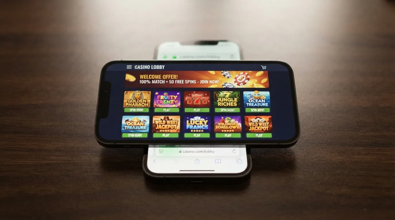 A smartphone displaying a casino game lobby with a bonus banner and a padlock icon in the address bar