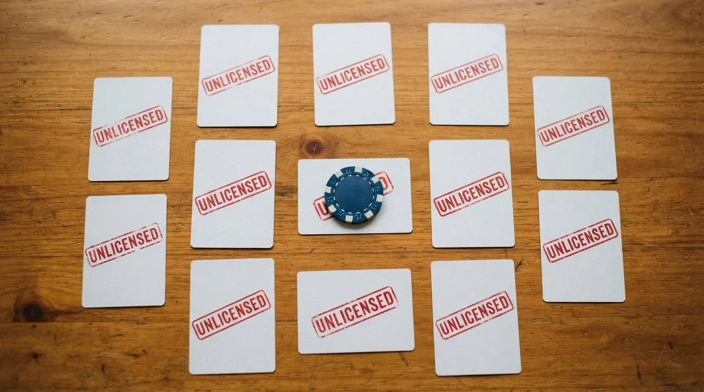 A stylised visual of ten casino-brand cards arranged in a ranked grid, each card showing the operator name and a red “NO AU LICENCE” stamp