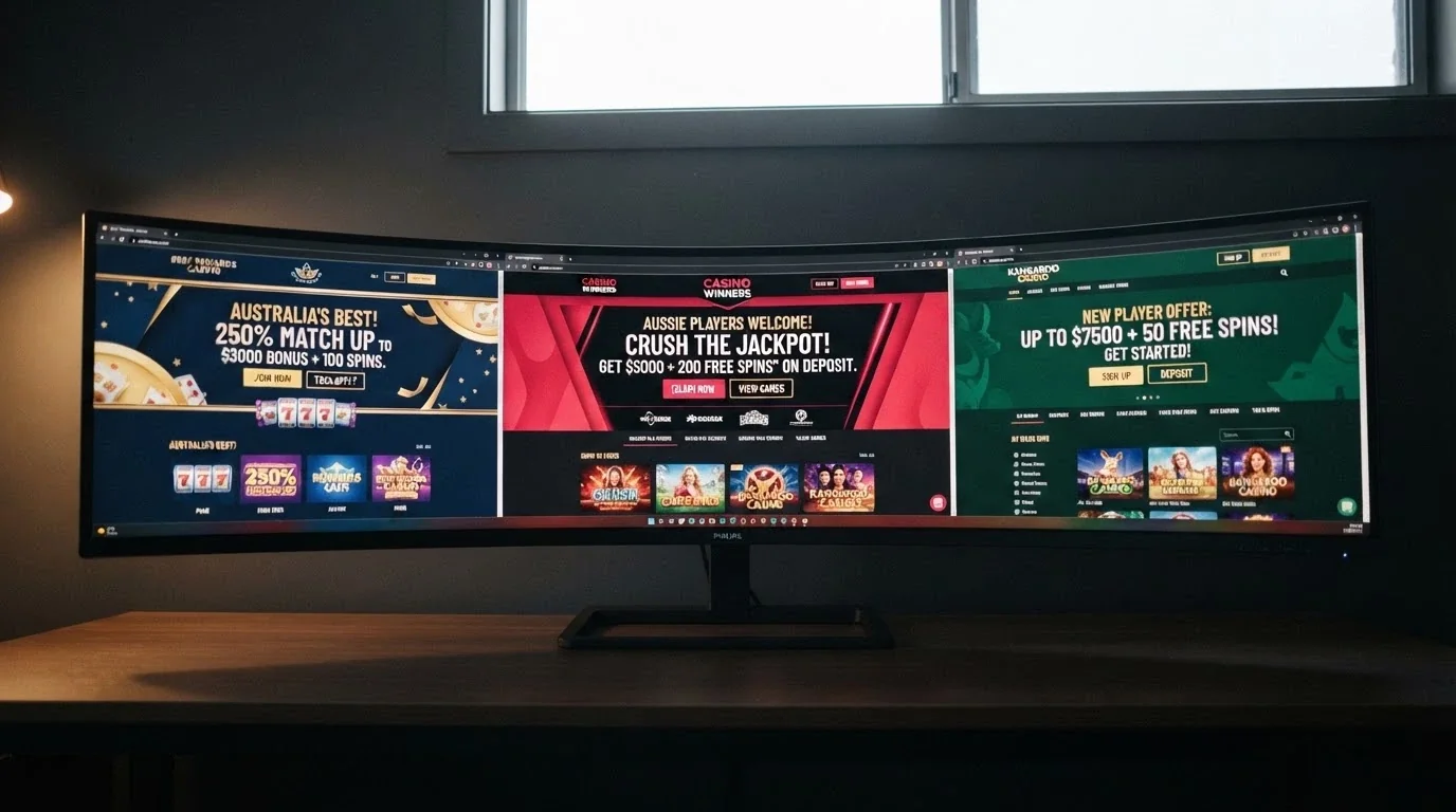 A desktop view of multiple casino lobby screens side by side, each showing a different welcome-offer banner targeting Australian players