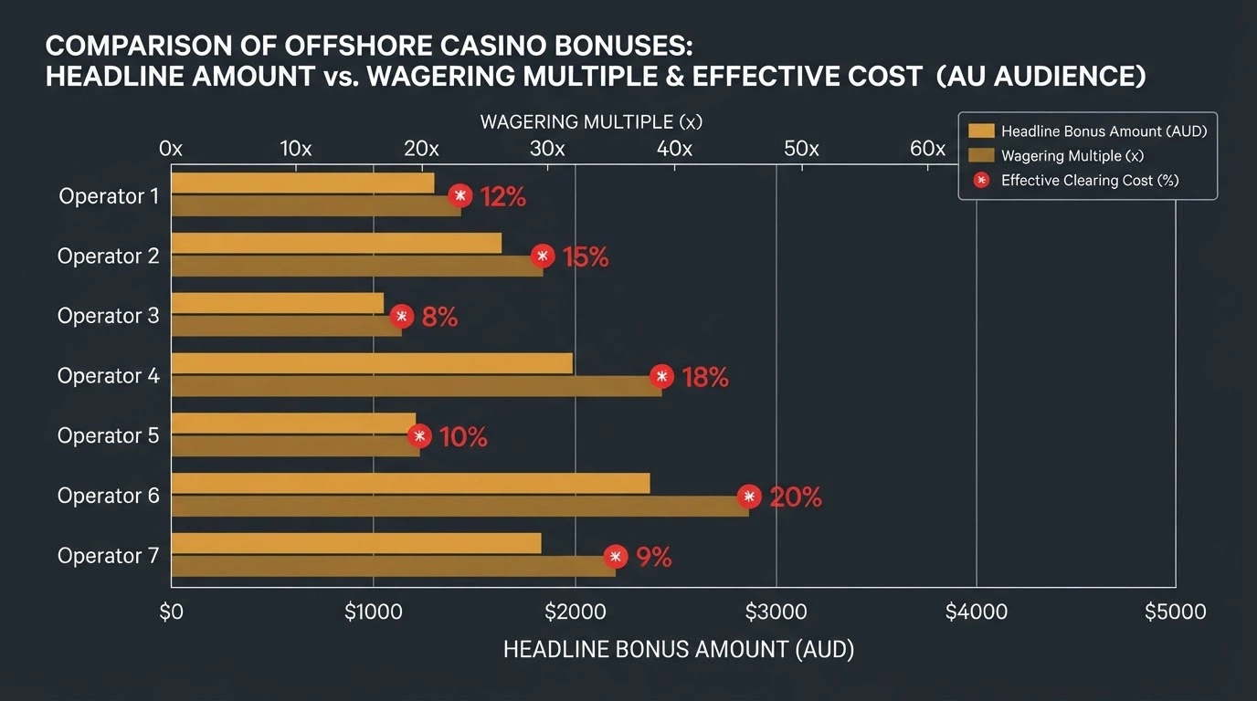 A visual chart comparing seven offshore casinos by headline bonus amount vs wagering multiple, with the effective cost marked per operator
