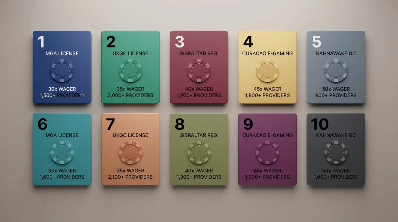A visual comparison layout showing casino brand cards side by side with welcome bonus values, wagering requirements and game-provider logos called out for each.